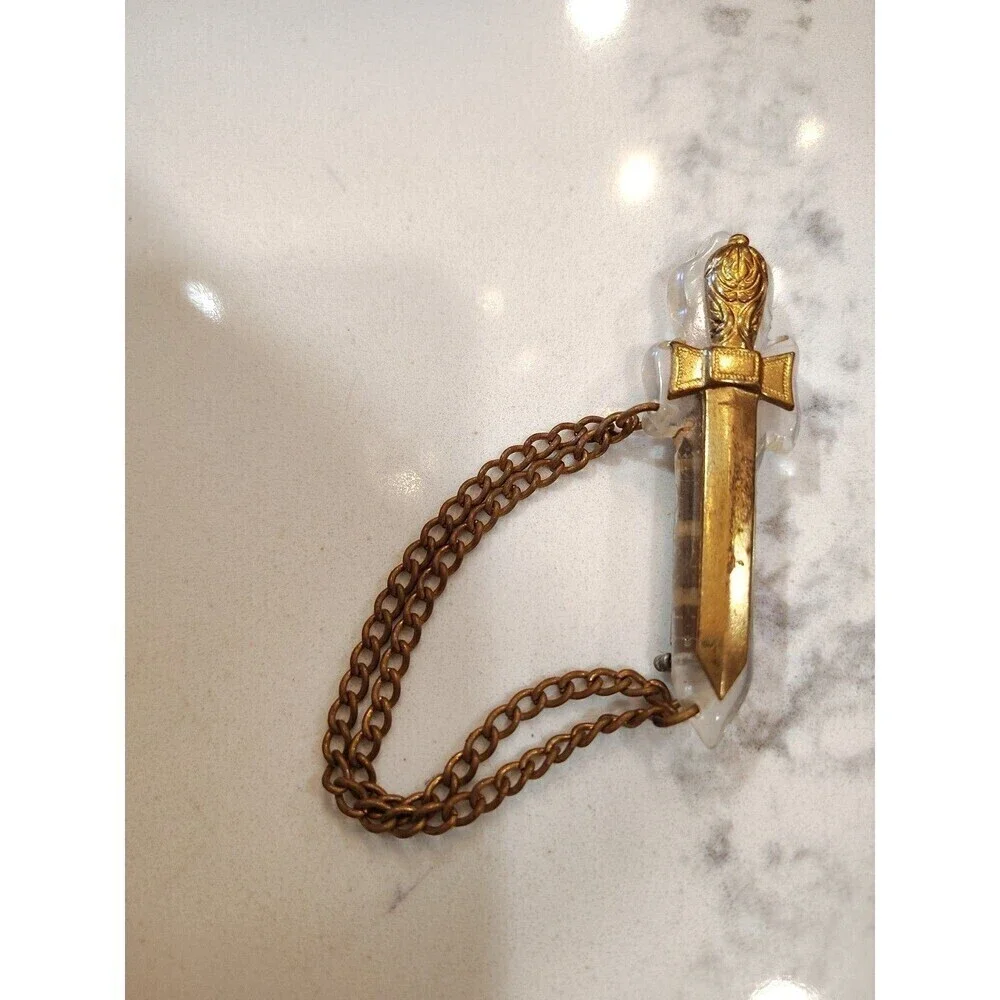 Vintage Intricate Bakelite Gold toned  Sword Pin Brooch with Dangle link chain